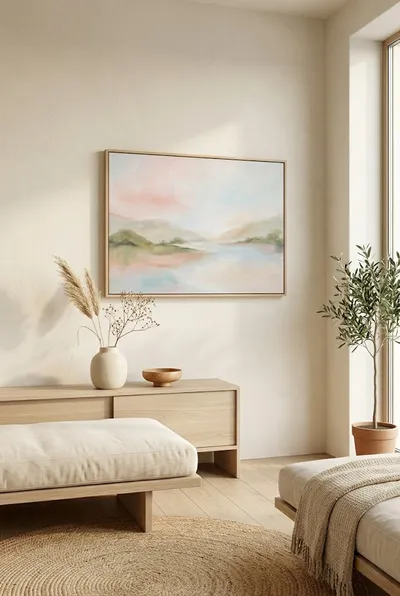 Interieurvoorbeeld: Dromerig abstract landschap in zachte pastels