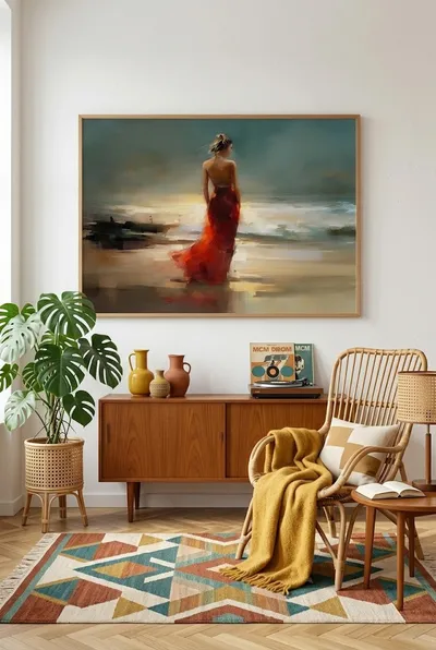 Interieurvoorbeeld: De vrouw op het strand in de rode jurk