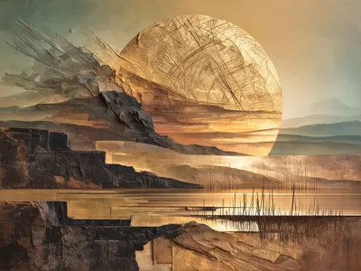 Wandkunst: Abstract landschap in goud en leisteen