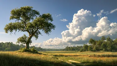 Wandkunst: Majestueuze eik onder zomerwolken