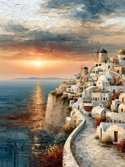 Wandkunst: Mediterraan klifdorp met windmolens